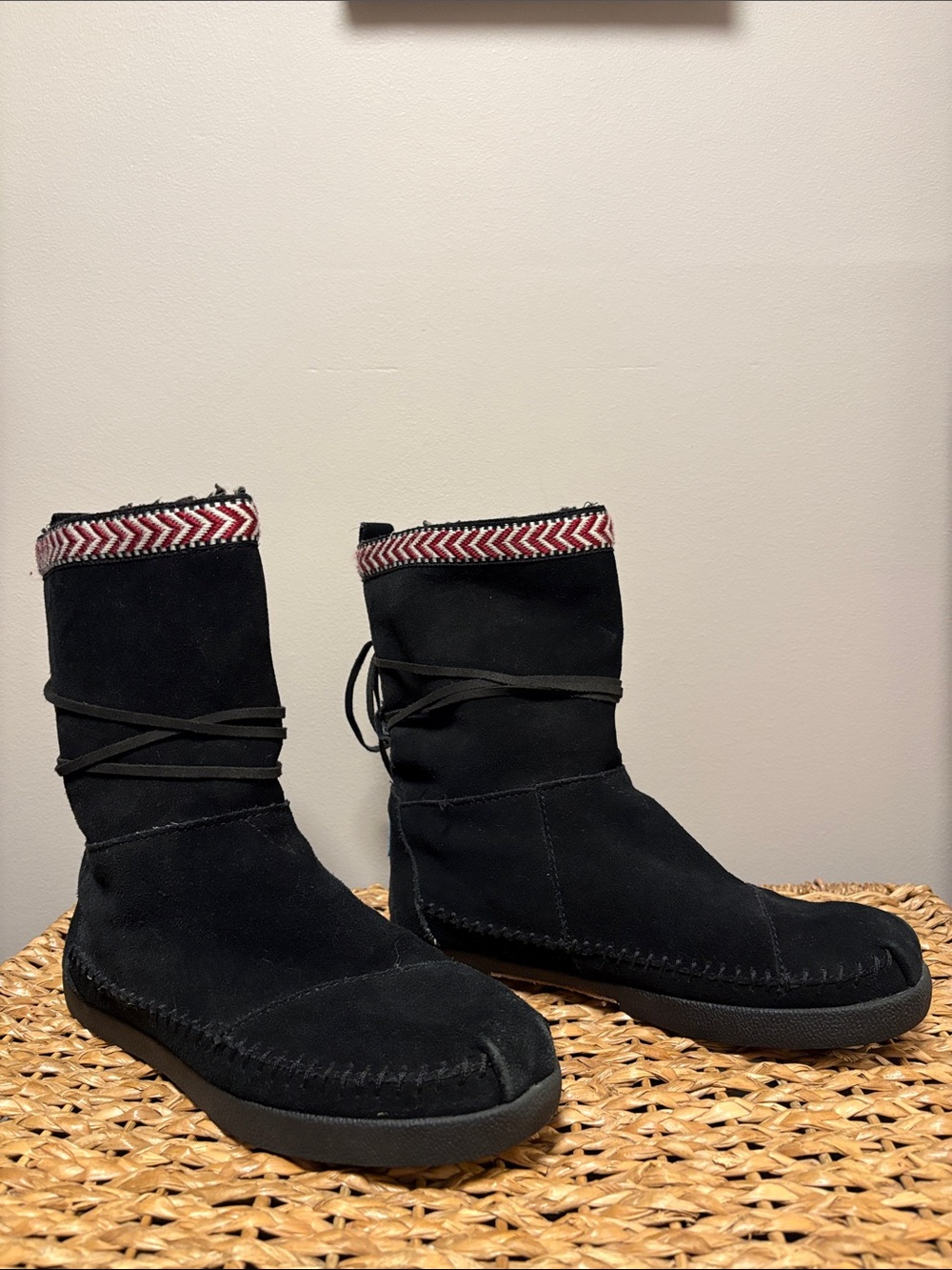 Toms Black Moccasin Boots with Red Chevron Cuff